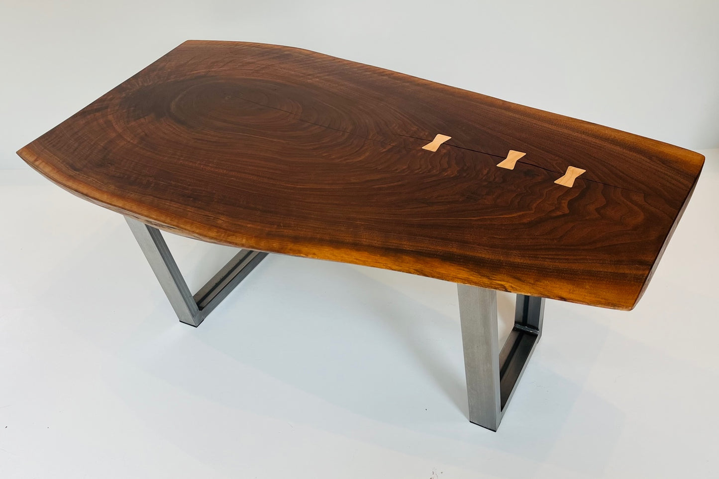 live edge coffee table-walnut with butterfly inlay side angle view