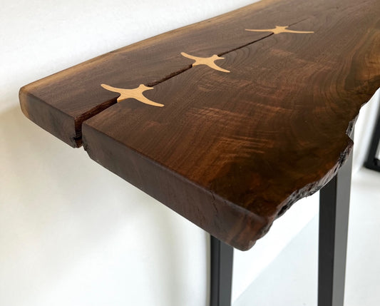 Live edge table - console-walnut with maple seabird inlay -end angle view