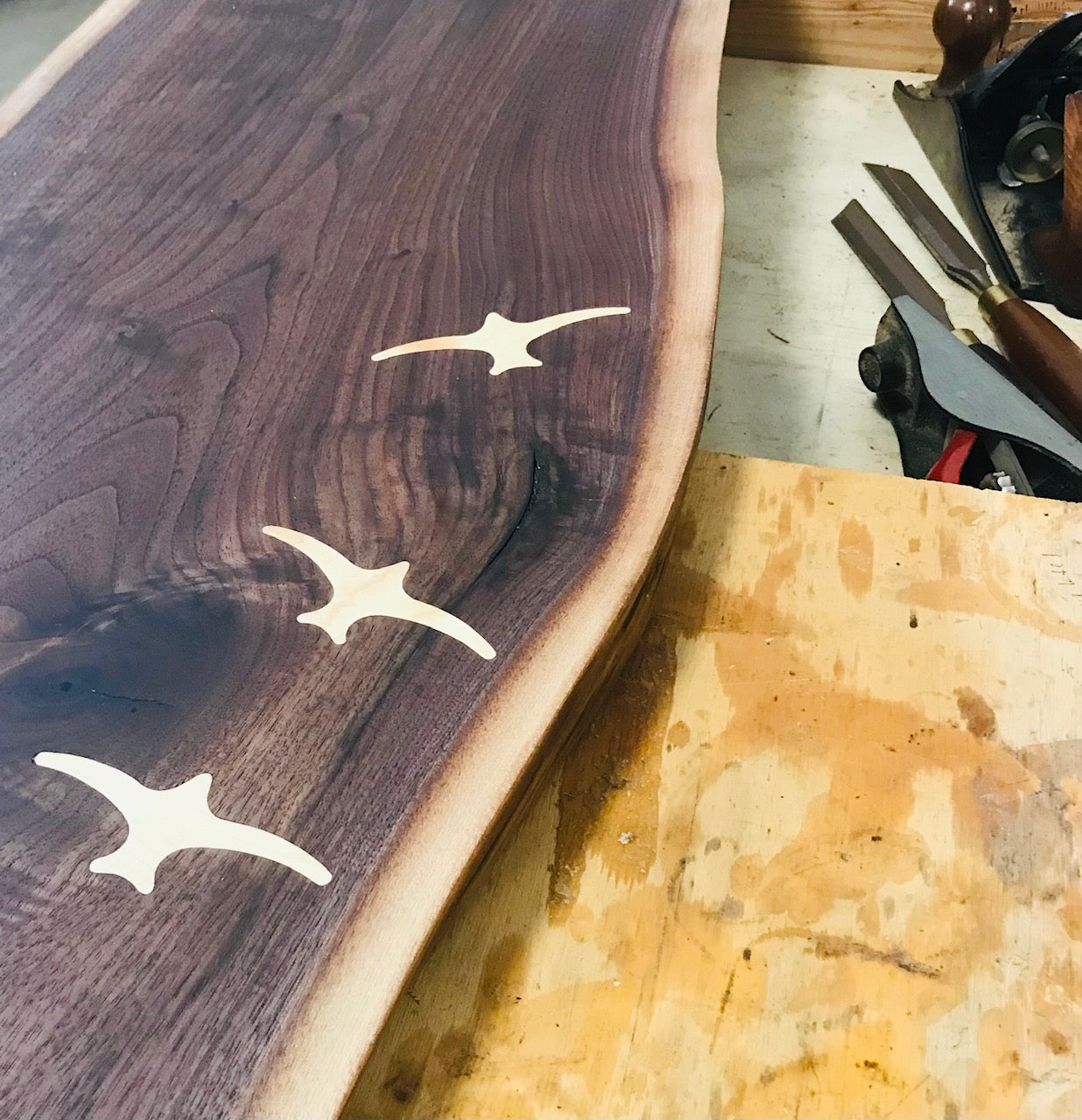 Live Edge table - Console OR Bench - walnut with Maple Seabird Inlay