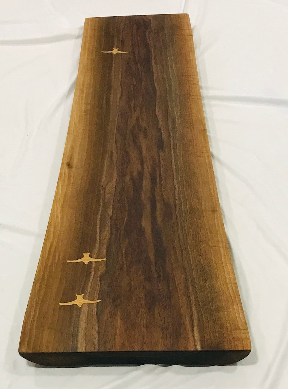 Walnut Live Edge Table/Bench with White Oak Seabird Inlay - Top View with Birds Flying toward camera