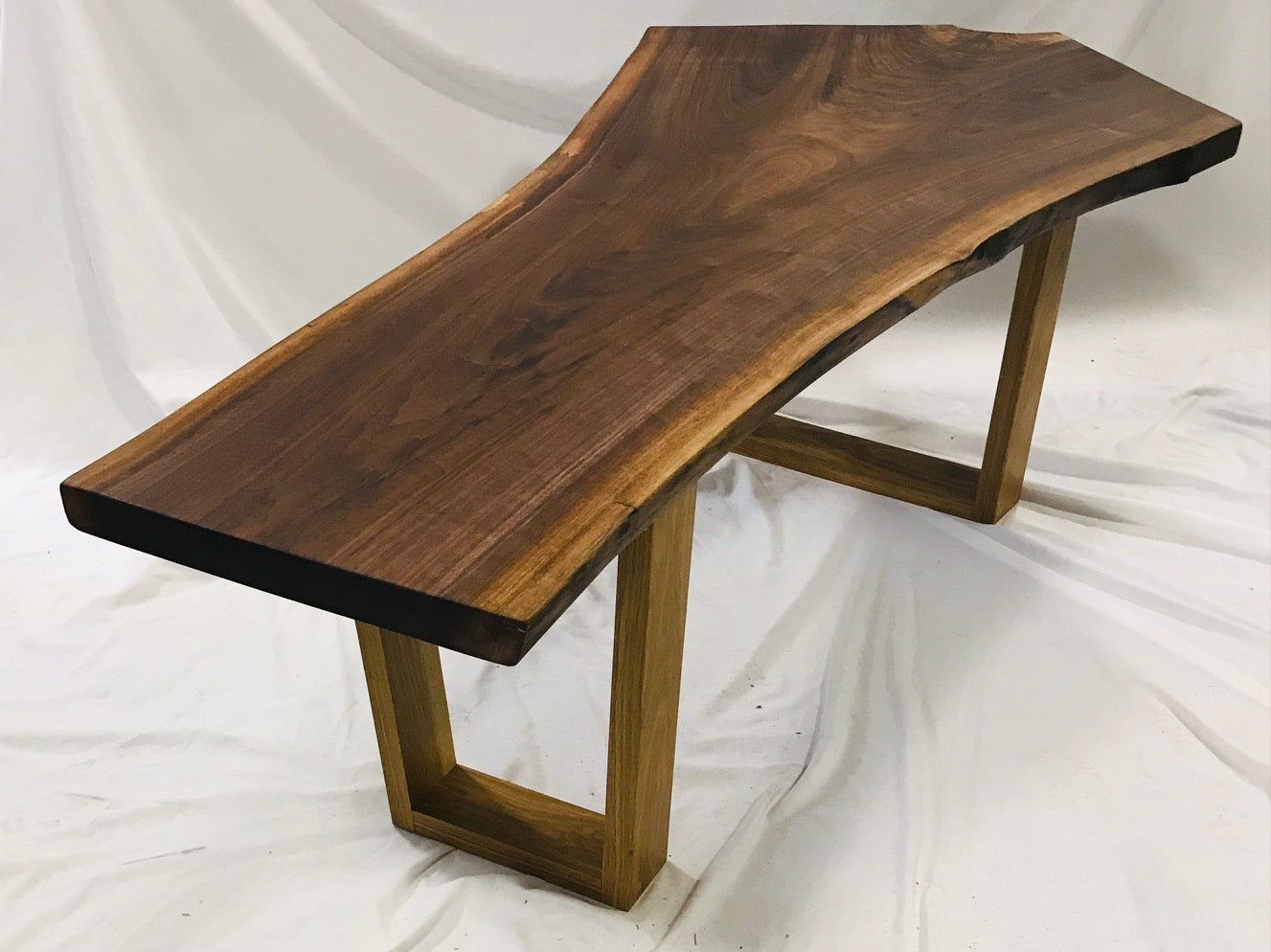 live edge walnut coffee table -45degree view- narrow end opposite crotch feature