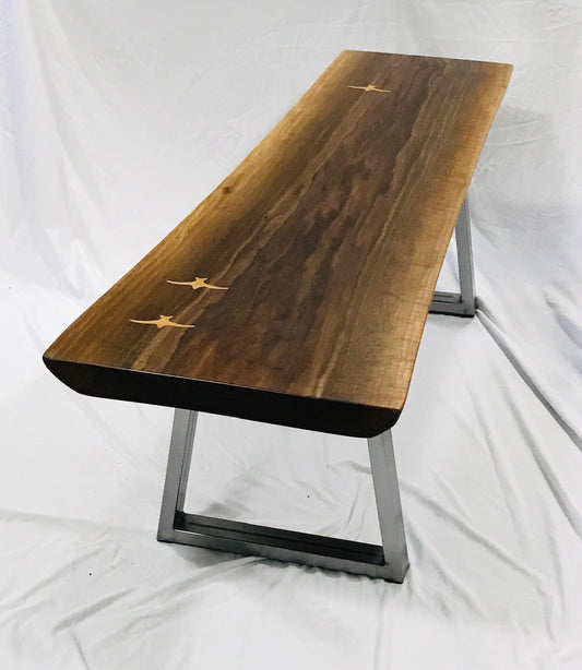 live edge walnut coffee table with white oak seabird inlay -end angle view 